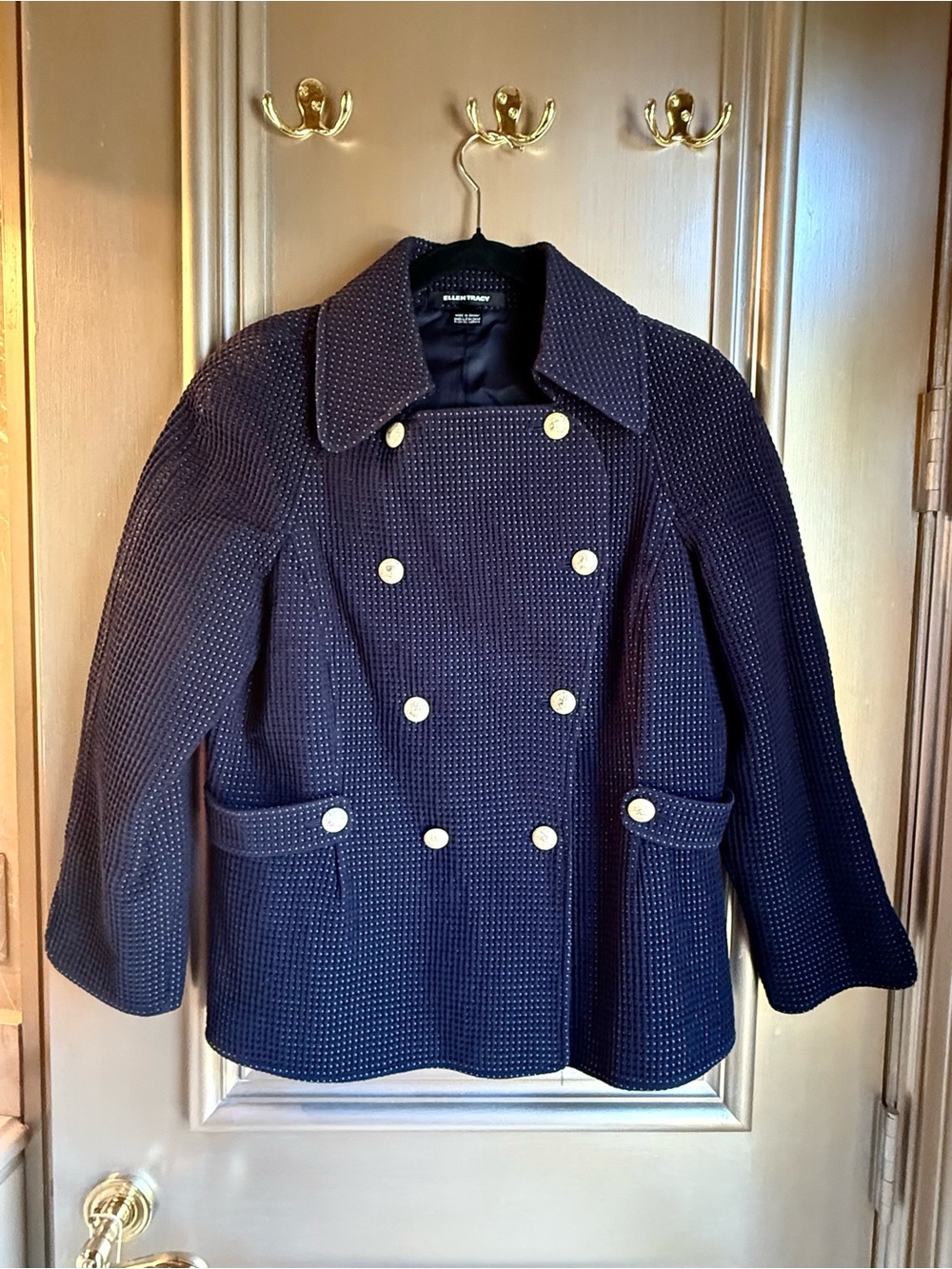 Ellen Tracy Navy Double-Breasted Blazer with Gold Buttons